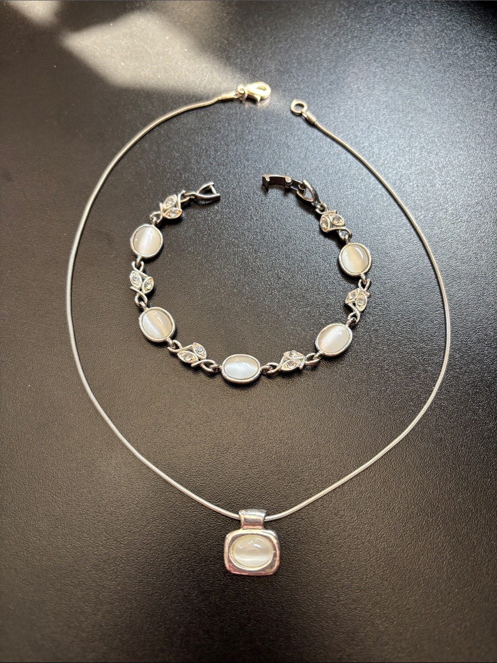 Sterling Silver White Moonstone Pendant Necklace and Bracelet Set